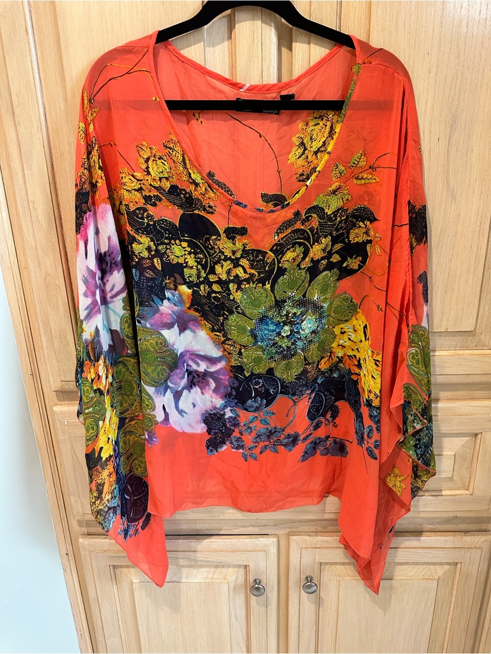Women's Floral Sheer Scoop-Neck Blouse in Coral